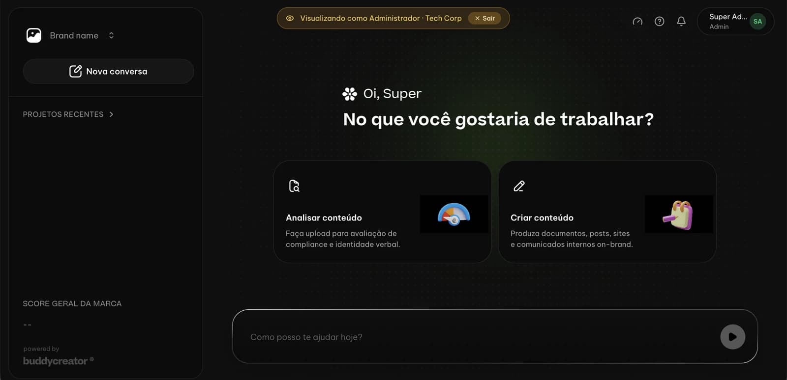 Interface do Brand Compliance com conversa, análise de conteúdo, criação de conteúdo e projetos recentes.