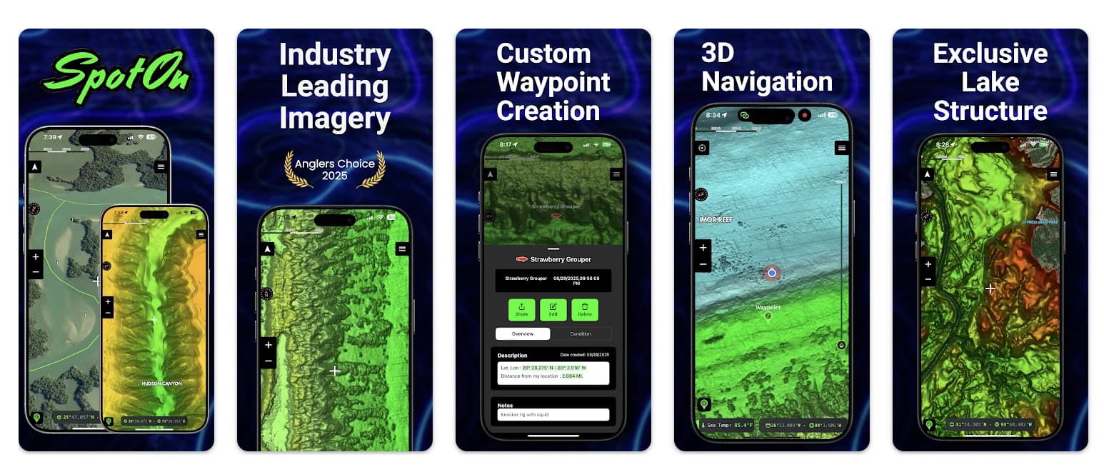 Cinco telas do SpotOn com imagens de relevo, criação de pontos personalizados, navegação 3D e mapas de estruturas de lagos.
